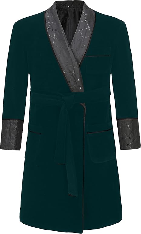 Men's Long Velvet Smoking Jacket with Belt Shawl Lapel Smoking Robe Quilted Dressing Gown