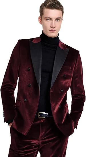 Men's 2 Pieces Velvet Suit Slim Fit Peak Lapel Double Breasted Blazer Tuxedo & Pants