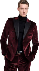 Men's 2 Pieces Velvet Suit Slim Fit Peak Lapel Double Breasted Blazer Tuxedo & Pants