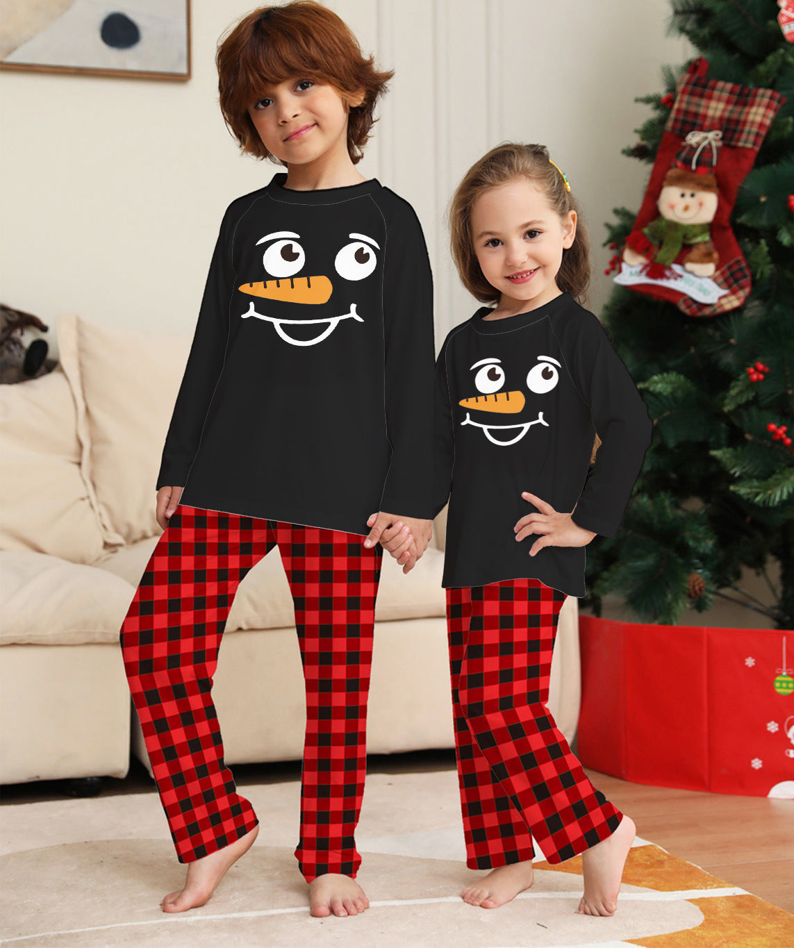 Christmas Plaid Round Neck Family Pajamas with Snowman Print