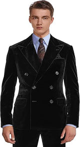 Men's 2 Piece Velvet Suit Peaked Lapel Double Breasted Tuxedo Slim Fit Jacket & Pants