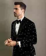 Men's 3 Pieces Suit Black Velvet Pearl Jacket Tuxedo Vest Pants Wedding Groom Suit