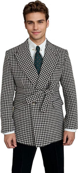 Men's Herringbone Tweed Blazer Coat Slim Fit Double Breasted Suit Jacket with Belt