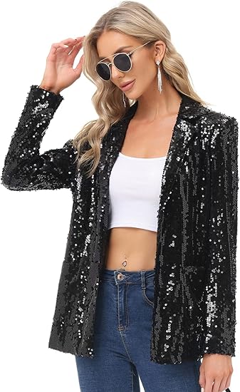 Women's Sequin Jackets Open Front Blazer Jacket Casual Long Sleeve Sparkly Cardigan Coat with Pocket S-XXL