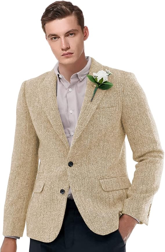 Men's Peak Lapel Blazer Herringbone Tweed Coat Formal Single Breasted Tuxedos Slim Fit Sports Coat