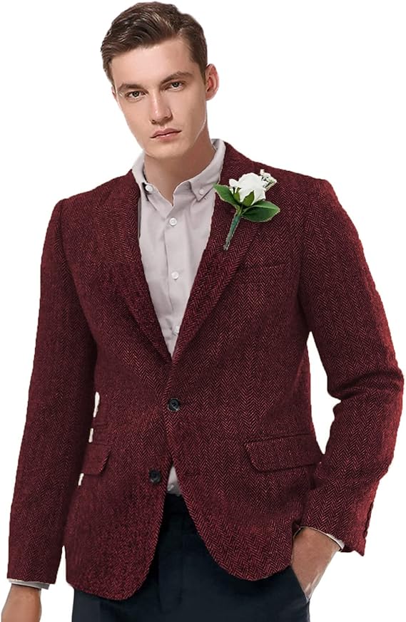 Men's Peak Lapel Blazer Herringbone Tweed Coat Formal Single Breasted Tuxedos Slim Fit Sports Coat