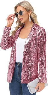 Women's Sequin Jackets Open Front Blazer Jacket Casual Long Sleeve Sparkly Cardigan Coat with Pocket S-XXL