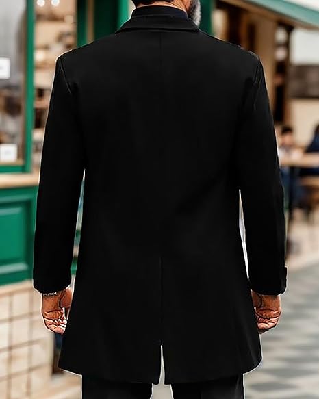 Men's Classic Cotton Blend Pea Coat Slim Fit Notched Collar Double Breasted Long Trench Blazer
