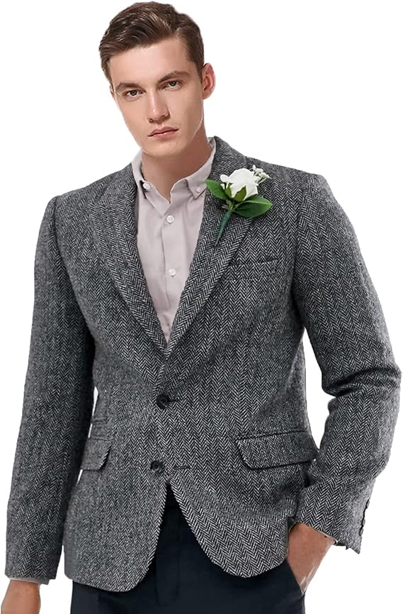 Men's Peak Lapel Blazer Herringbone Tweed Coat Formal Single Breasted Tuxedos Slim Fit Sports Coat