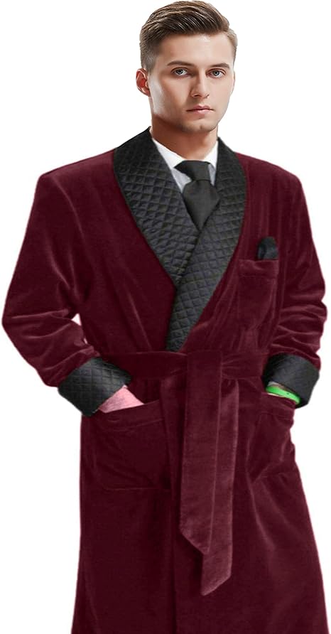 Men's Long Velvet Smoking Jacket with Belt Shawl Lapel Smoking Robe Quilted Dressing Gown