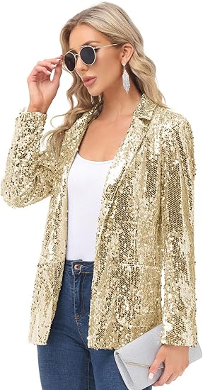 Women's Sequin Jackets Open Front Blazer Jacket Casual Long Sleeve Sparkly Cardigan Coat with Pocket S-XXL