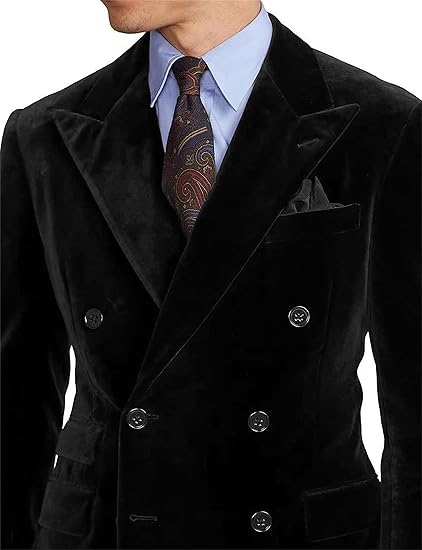 Men's 2 Piece Velvet Suit Peaked Lapel Double Breasted Tuxedo Slim Fit Jacket & Pants