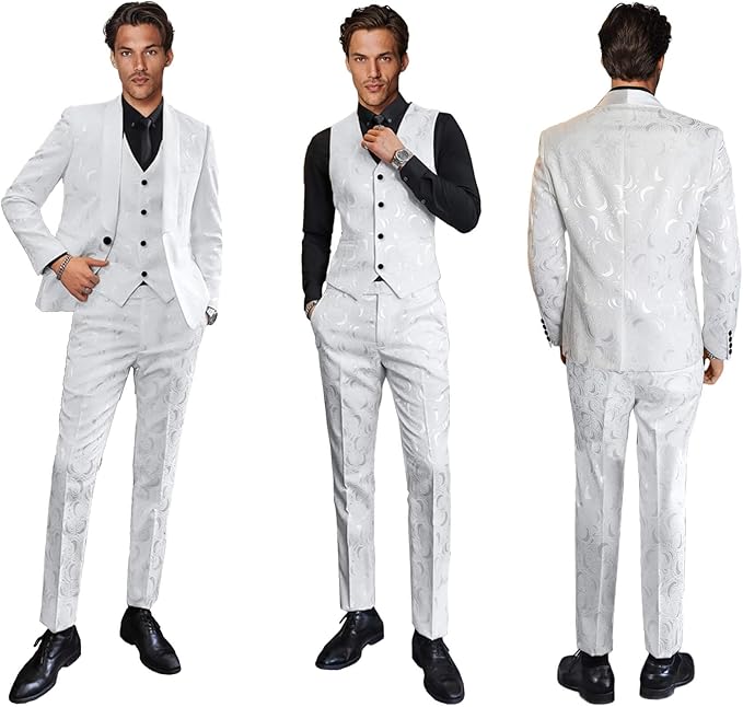 Men's 3 Pieces Jacquard Wedding Suit Classic Fit Blazer Vest Pants