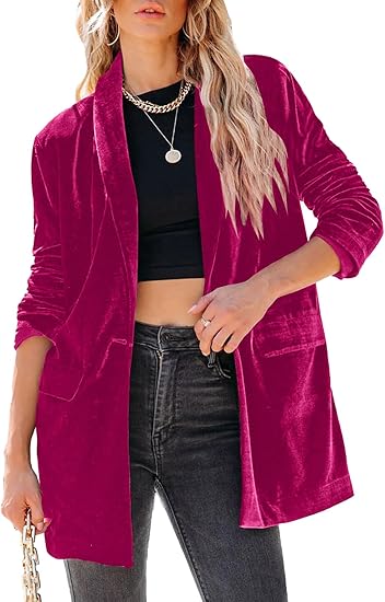 Happy Sailed Women's Velvet Blazer Jackets Casual Long Sleeve Lapel Collar Pocketed Blazer Suits Work Outfits