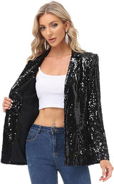 Women's Sequin Jackets Open Front Blazer Jacket Casual Long Sleeve Sparkly Cardigan Coat with Pocket S-XXL