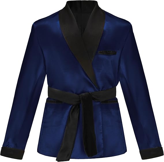 Men's Satin Smoking Jacket Robe Fully Lined House Kimono Bathrobe with Belt for Spring Summer