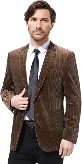Men's Casual Corduroy Blazer Vintage Notch Lapel Regular Fit Suit Jacket (Brown,40R)