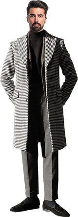 Men's Houndstooth Long Blazer Slim Fit Notched Collar Long Jacket Overcoat Single Breasted Pea Coat