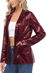 Women's Sequin Jackets Open Front Blazer Jacket Casual Long Sleeve Sparkly Cardigan Coat with Pocket S-XXL