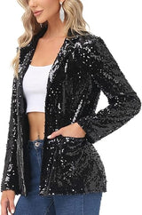 Women's Sequin Jackets Open Front Blazer Jacket Casual Long Sleeve Sparkly Cardigan Coat with Pocket S-XXL