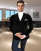 Men's Double Breasted Velvet Suit Jacket Peak Lapel Blazer Casual Sport Coat