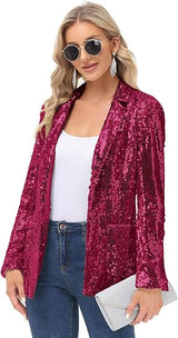 Women's Sequin Jackets Open Front Blazer Jacket Casual Long Sleeve Sparkly Cardigan Coat with Pocket S-XXL