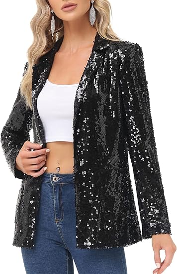 Women's Sequin Jackets Open Front Blazer Jacket Casual Long Sleeve Sparkly Cardigan Coat with Pocket S-XXL