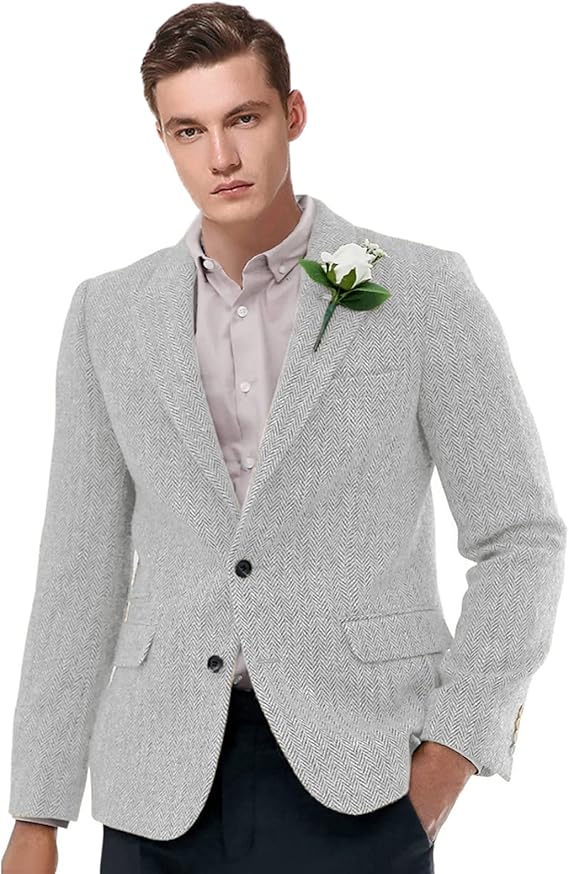 Men's Peak Lapel Blazer Herringbone Tweed Coat Formal Single Breasted Tuxedos Slim Fit Sports Coat