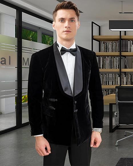 Men's Velvet Blazer Slim Fit Shawl Lapel Two Buttons Tuxedo Sport Coat for Wedding Prom Dinner