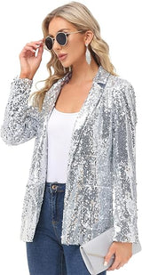 Women's Sequin Jackets Open Front Blazer Jacket Casual Long Sleeve Sparkly Cardigan Coat with Pocket S-XXL