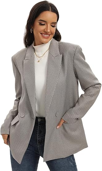 Women's Oversized Double-Breasted Suit Blazer Jacket Long Sleeve Casual Boyfriend Style Work Office Blazer with Pockets