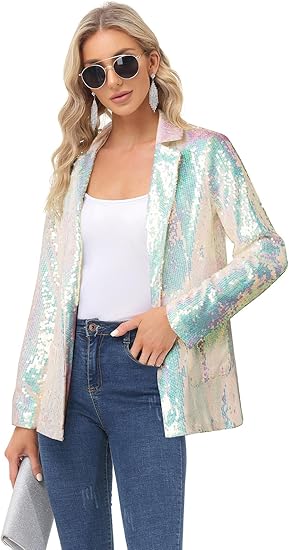 Women's Sequin Jackets Open Front Blazer Jacket Casual Long Sleeve Sparkly Cardigan Coat with Pocket S-XXL