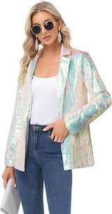 Women's Sequin Jackets Open Front Blazer Jacket Casual Long Sleeve Sparkly Cardigan Coat with Pocket S-XXL