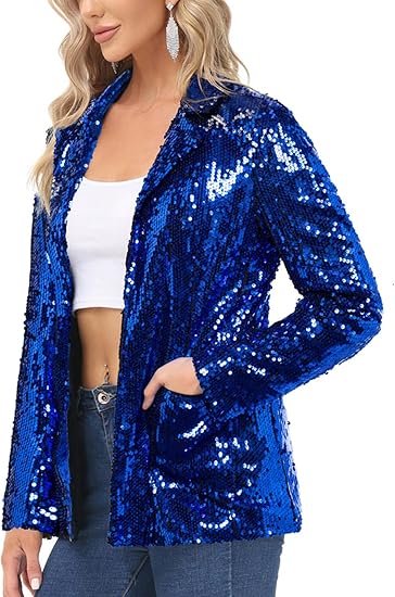 Women's Sequin Jackets Open Front Blazer Jacket Casual Long Sleeve Sparkly Cardigan Coat with Pocket S-XXL