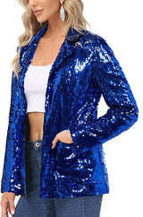 Women's Sequin Jackets Open Front Blazer Jacket Casual Long Sleeve Sparkly Cardigan Coat with Pocket S-XXL