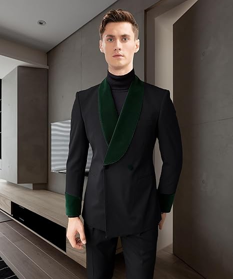Men's 2 Pieces Casual Suit Slim Fit Green Velvet Shawl Lapel Blazer Tuxedos and Pants Wedding Suit