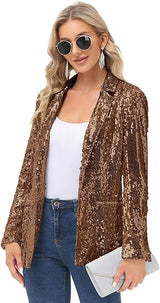 Women's Sequin Jackets Open Front Blazer Jacket Casual Long Sleeve Sparkly Cardigan Coat with Pocket S-XXL