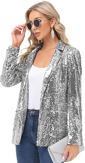 Women's Sequin Jackets Open Front Blazer Jacket Casual Long Sleeve Sparkly Cardigan Coat with Pocket S-XXL