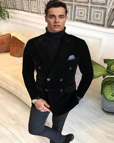 Men's Double Breasted Velvet Suit Jacket Peak Lapel Blazer Casual Sport Coat