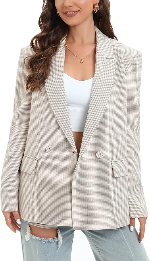 Women's Oversized Double-Breasted Suit Blazer Jacket Long Sleeve Casual Boyfriend Style Work Office Blazer with Pockets