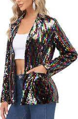 Women's Sequin Jackets Open Front Blazer Jacket Casual Long Sleeve Sparkly Cardigan Coat with Pocket S-XXL