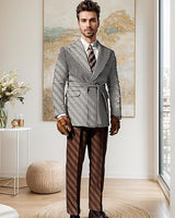 Men's Herringbone Tweed Blazer Coat Slim Fit Double Breasted Suit Jacket with Belt