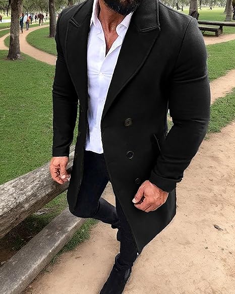 Men's Classic Cotton Blend Pea Coat Slim Fit Notched Collar Double Breasted Long Trench Blazer