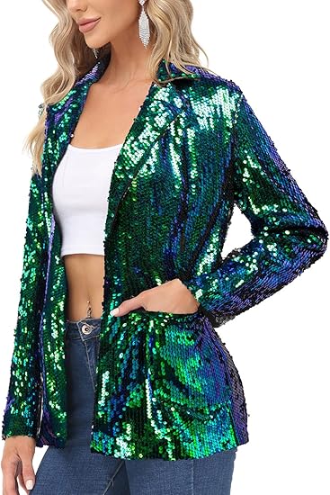 Women's Sequin Jackets Open Front Blazer Jacket Casual Long Sleeve Sparkly Cardigan Coat with Pocket S-XXL