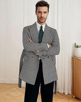 Men's Herringbone Tweed Blazer Coat Slim Fit Double Breasted Suit Jacket with Belt