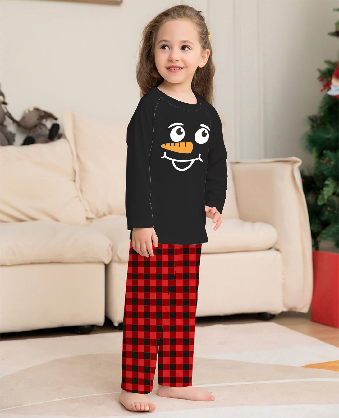 Christmas Plaid Round Neck Family Pajamas with Snowman Print